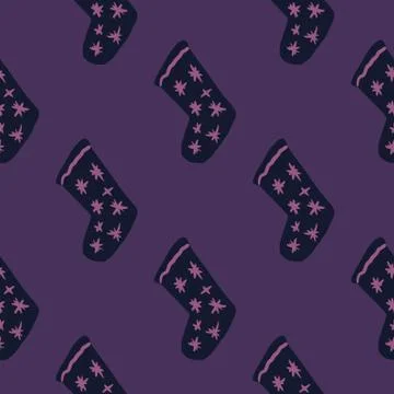 Seamless pattern with christmas socks doodle elements. Purple background. New Illustrazione stock