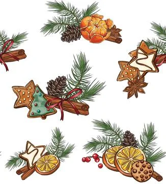 Seamless pattern Christmas spices dried orange slices, star anise and cinna.. Stock Illustration