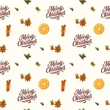 Seamless pattern for christmas with star anise, cinnamon, clove and orange Stock Illustration