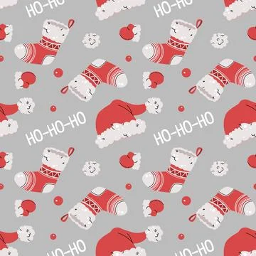 Seamless pattern with Christmas stocking, mittens and Santa hat. Vector hol.. Stock Illustration