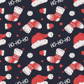 Seamless pattern with Christmas stocking, mittens and Santa hat. Vector holid Stock Illustration