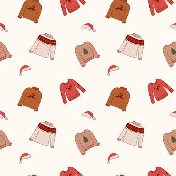Seamless pattern with christmas sweaters and santa hats. Vector in flat style Stock Illustration