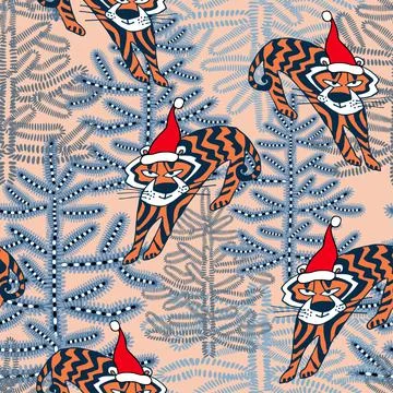 Seamless pattern with Christmas symbol 2022 tiger in winter fir forest. Stock Illustration