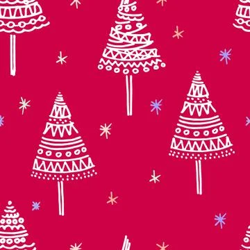 Seamless pattern on Christmas theme, with hand drawn Christmas trees on red.. Stock Illustration