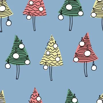 Seamless pattern on Christmas theme, with hand drawn Christmas trees on blu.. Stock Illustration