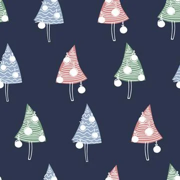 Seamless pattern on Christmas theme, with hand drawn Christmas trees on dee.. Stock Illustration