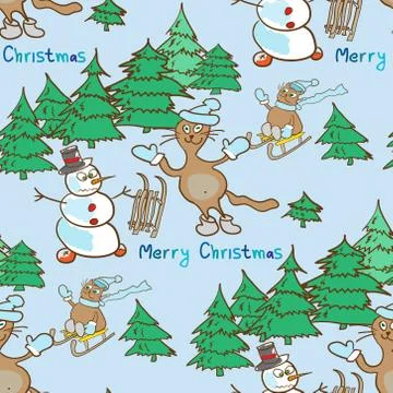 Seamless pattern on a Christmas theme with snowman and cats Stock Illustration