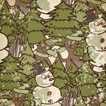 Seamless pattern on a Christmas theme with snowman and cats in vintage style Stock Illustration