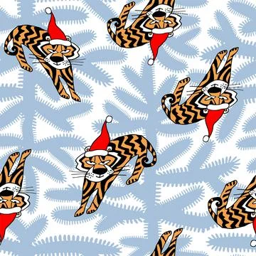 Seamless pattern with Christmas tiger in cap in winter forest. Stock Illustration