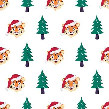 Seamless pattern with a Christmas tree and a tiger in a red Santa hat イラスト素材