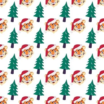 Seamless pattern with a Christmas tree and a tiger in a red Santa hat イラスト素材