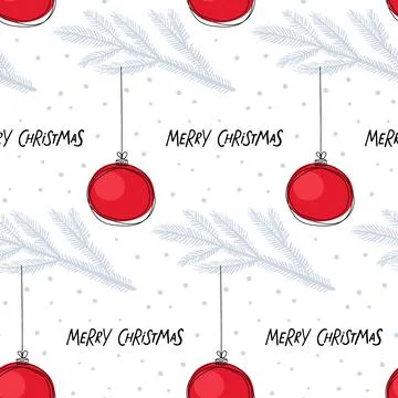 Seamless pattern with Christmas Tree Ball on spruce branch and inscription. Hand Stock Illustration
