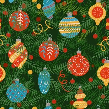 Seamless pattern of Christmas tree branches with festive glass balls. Close up 스톡 일러스트