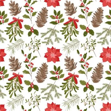 Seamless pattern with Christmas tree branches, pine cones, mistletoe, and r.. Stock Illustration