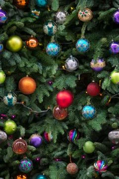 Seamless pattern of Christmas tree branches with toys. Close up Stock Photos