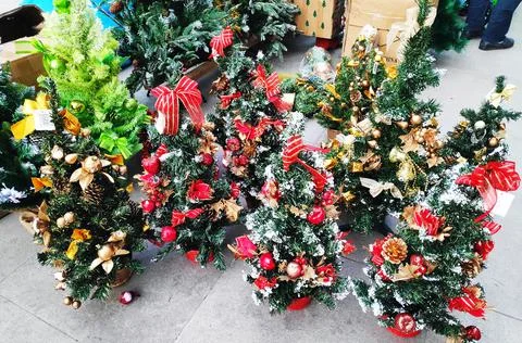 Seamless pattern of Christmas tree branchrs with balls. Close up. Stock Photos