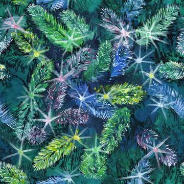 Seamless pattern Christmas tree with a burning garland multicolored gouache 스톡 일러스트