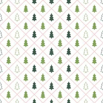Seamless Pattern Christmas Tree, Dash Line, Scott Gingham Background Stock Illustration