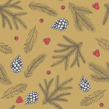 Seamless pattern with Christmas Tree Decorations hand drawn art design vector Stock Illustration