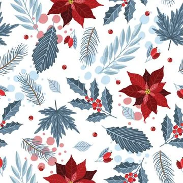 Seamless pattern with Christmas Tree Decorations, Pine Branches, poinsettia Illustrazione stock