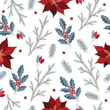 Seamless pattern with Christmas Tree Decorations, Pine Branches, poinsettia Stock Illustration