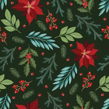 Seamless pattern with Christmas Tree Decorations, Pine Branches, poinsettia Stock Illustration