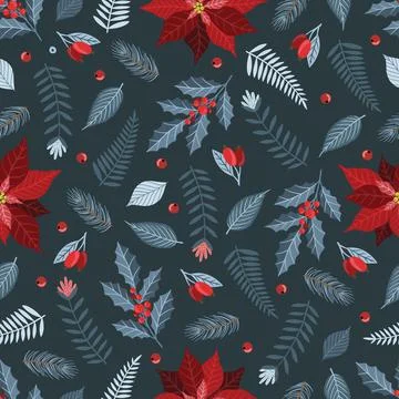 Seamless pattern with Christmas Tree Decorations, Pine Branches, poinsettia Stock Illustration