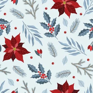 Seamless pattern with Christmas Tree Decorations, Pine Branches, poinsettia Stock Illustration