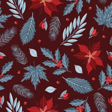 Seamless pattern with Christmas Tree Decorations, Pine Branches, poinsettia Illustrazione stock