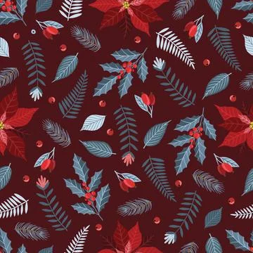 Seamless pattern with Christmas Tree Decorations, Pine Branches, poinsettia Stock Illustration