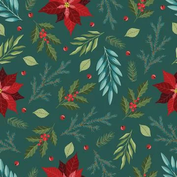 Seamless pattern with Christmas Tree Decorations, Pine Branches, poinsettia Illustrazione stock
