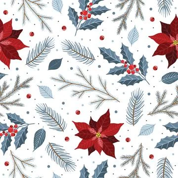 Seamless pattern with Christmas Tree Decorations, Pine Branches, poinsettia Stock Illustration