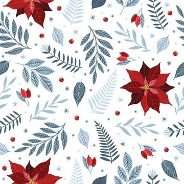 Seamless pattern with Christmas Tree Decorations, Pine Branches, poinsettia Illustrazione stock