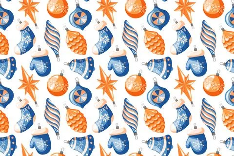 Seamless pattern with Christmas tree decorations in shape mitten, pine cone Stock Illustration