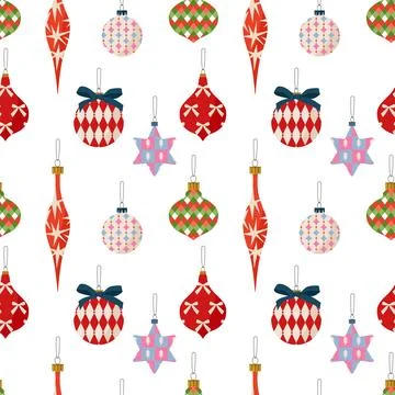 Seamless pattern with Christmas tree decorations, glass baubles, icicles, and Illustration