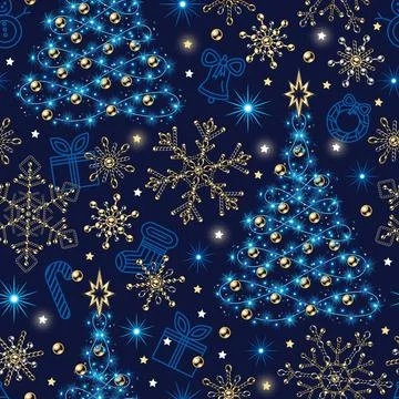 Seamless pattern with christmas tree, festive garland, blue lights,snowflakes Stock Illustration