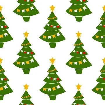 Seamless pattern Christmas tree with flags and star. Decorated coniferous tree Stock Illustration