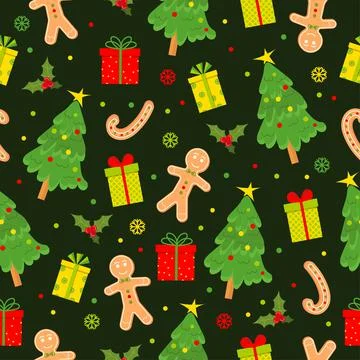 Seamless pattern with Christmas tree, gifts Stock Illustration