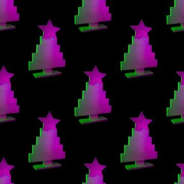 Seamless pattern of Christmas tree in neon rays lights on black background. Foto stock