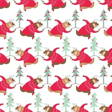 Seamless pattern christmas tree, new year bull runs hurry Stock Illustration