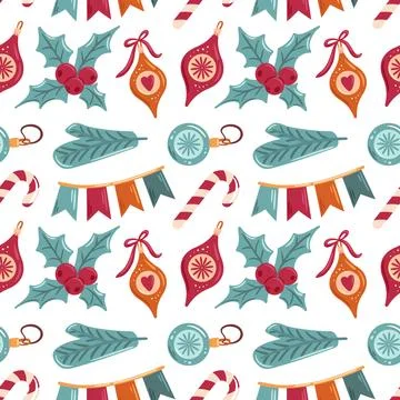 Seamless pattern Christmas tree ornaments and holly leaves. This festive design Stock Illustration