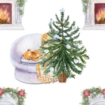 Seamless pattern with Christmas tree, sofa and cat on a white isolated Illustrazione stock