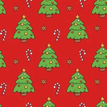 Seamless pattern Christmas tree stars candy cane. Merry Christmas Happy New Year Stock Illustration