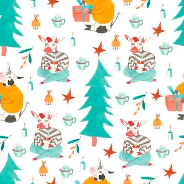 Seamless pattern with Christmas tree steers,a candle,a bell Stock Illustration