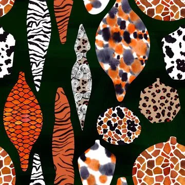 Seamless pattern of Christmas tree toys with animal textures Stock Illustration