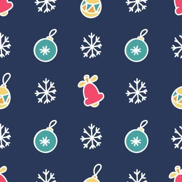 Seamless pattern of Christmas tree toys and snowflakes Stock Illustration