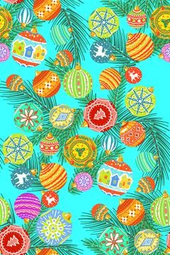 Seamless pattern. Christmas tree toys with fir branches on a bright blue Stock Illustration