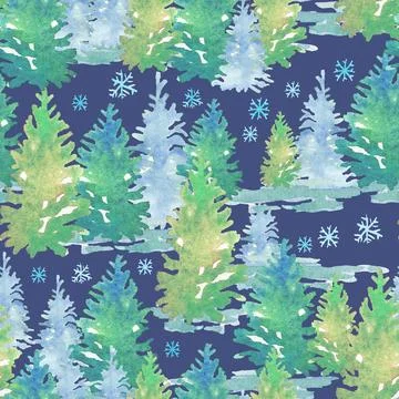 Seamless pattern Christmas tree winter forest watercolor blue Illustrazione stock