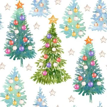 Seamless pattern Christmas tree winter forest watercolor Stock Illustration
