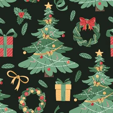 Seamless pattern with Christmas tree, wreath and gifts. Vector holiday textur Stock Illustration